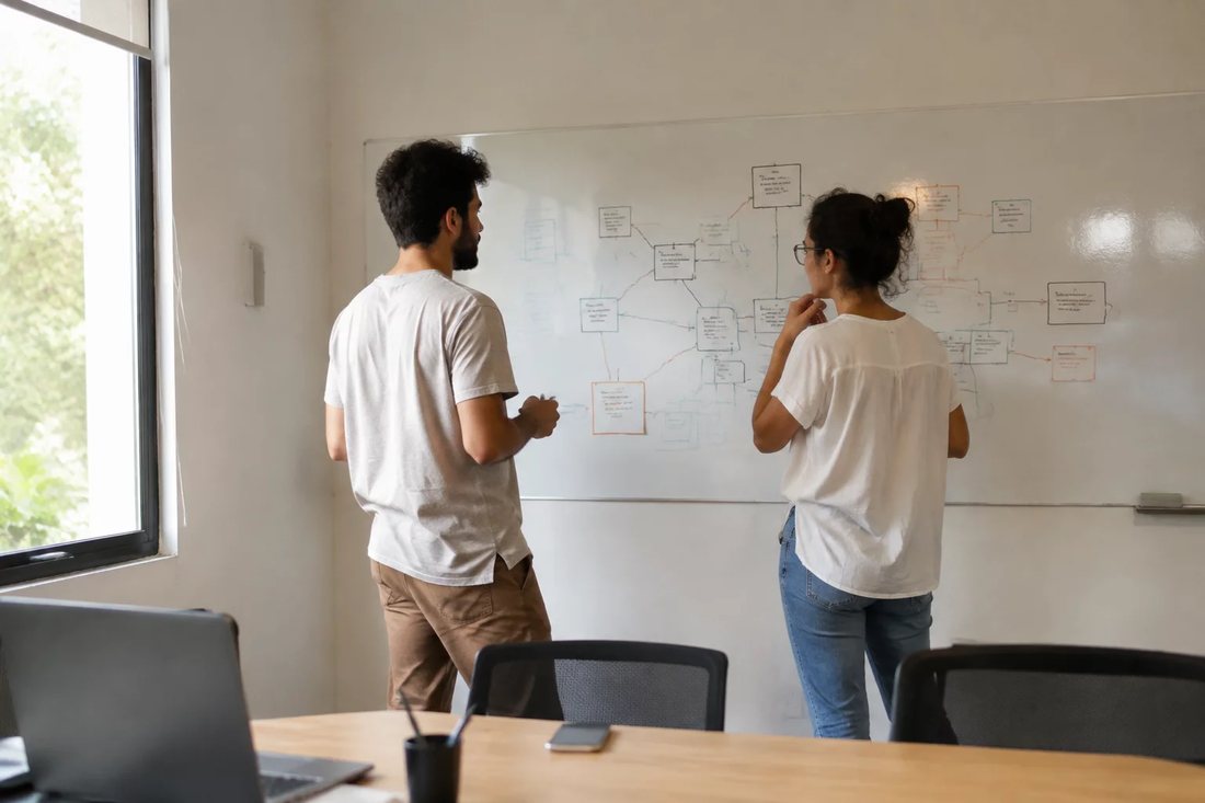 Duas pessoas diante de um quadro branco com um mapa de argumento desenhado à mão