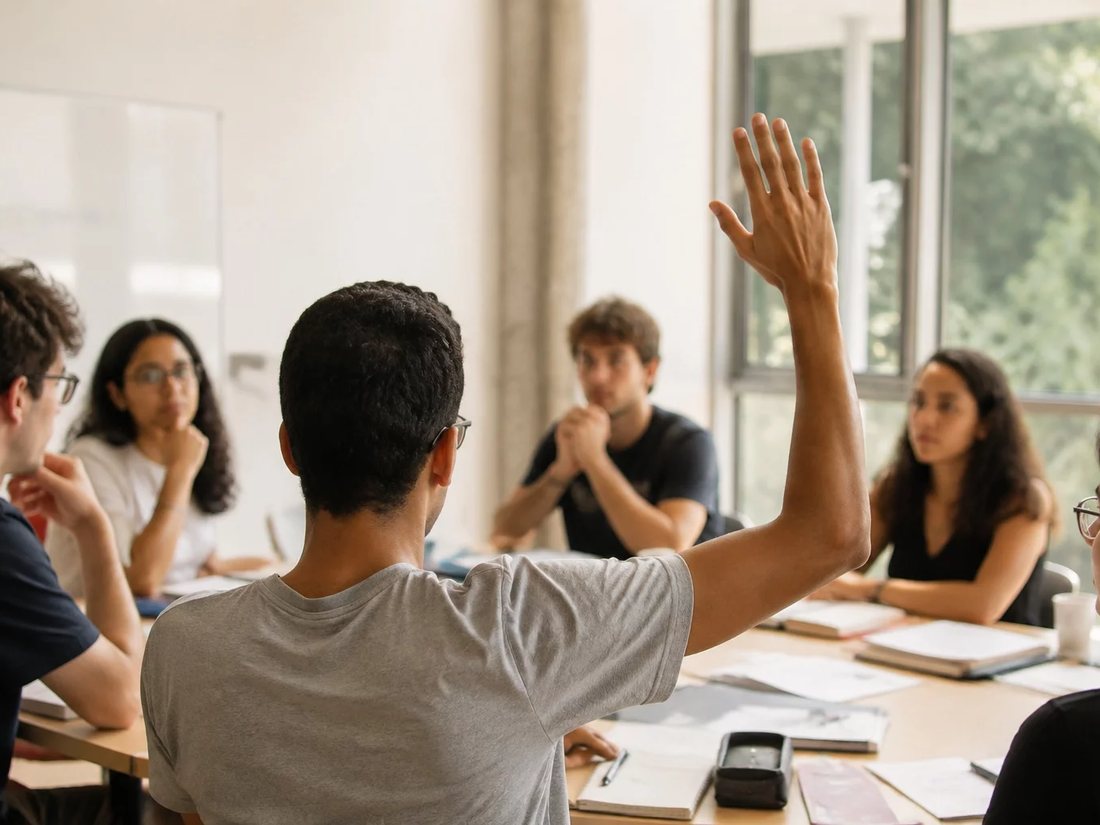 Participante levantando a mão em uma mesa de seminário coberta de anotações